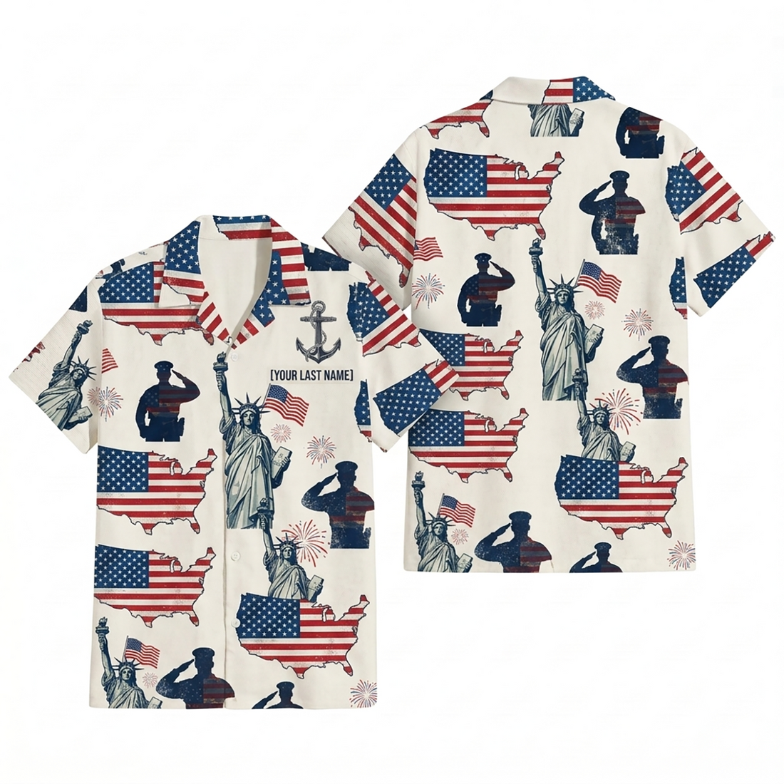 Mens Personalized Navy Patriotic Hawaiian Shirt Liberty Pride Edition Flat Layout