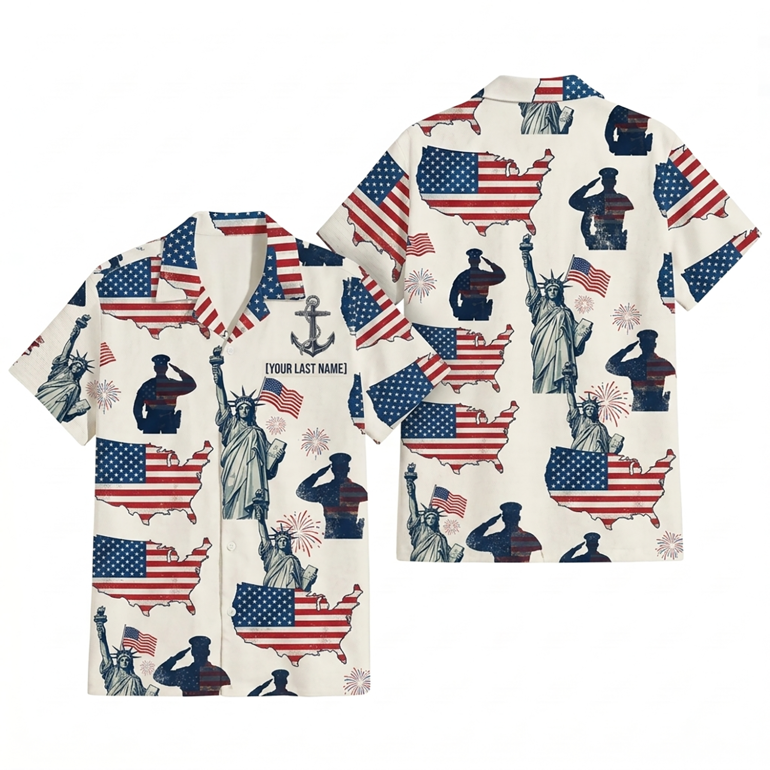 Mens Personalized Navy Patriotic Hawaiian Shirt Liberty Pride Edition Flat Layout