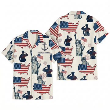 Mens Personalized Navy Patriotic Hawaiian Shirt Liberty Pride Edition Flat Layout