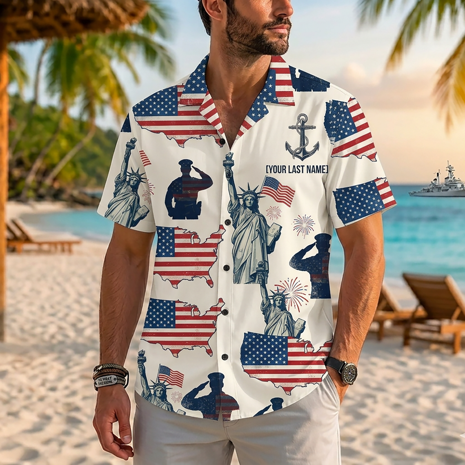 Mens Personalized Navy Veteran Hawaiian Shirt Front View Showing Custom Last Name Slot On Model