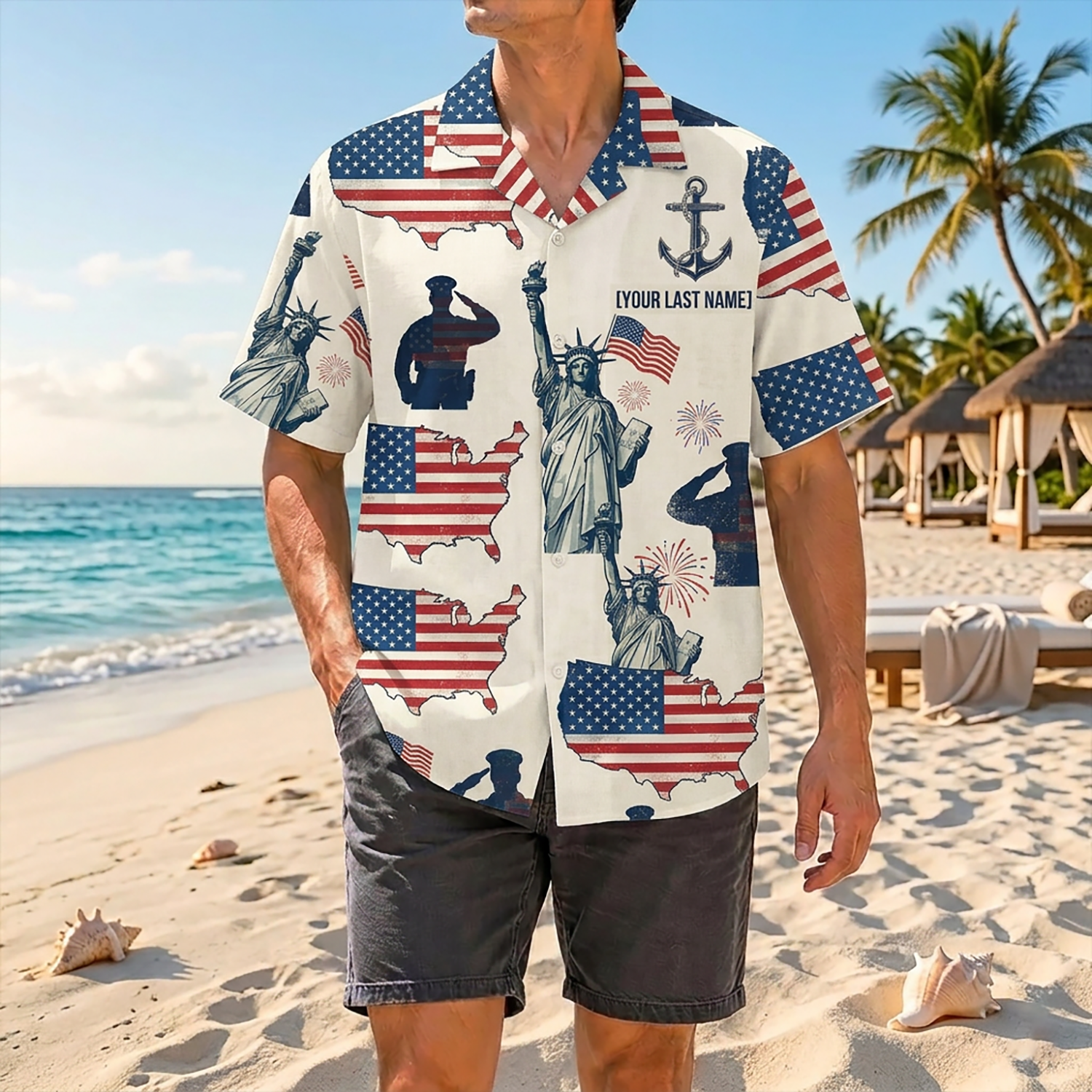 Proud Veteran Wearing Matching Personalized Navy Patriotic Hawaiian Shirt On A Tropical Beach