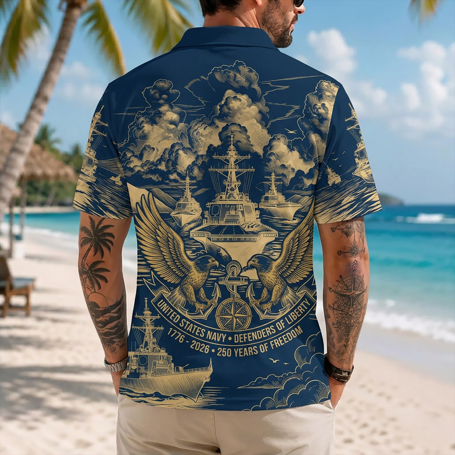 Mens Personalized Navy Veteran Hawaiian Shirt Back View Featuring Twin Eagles And Battleship