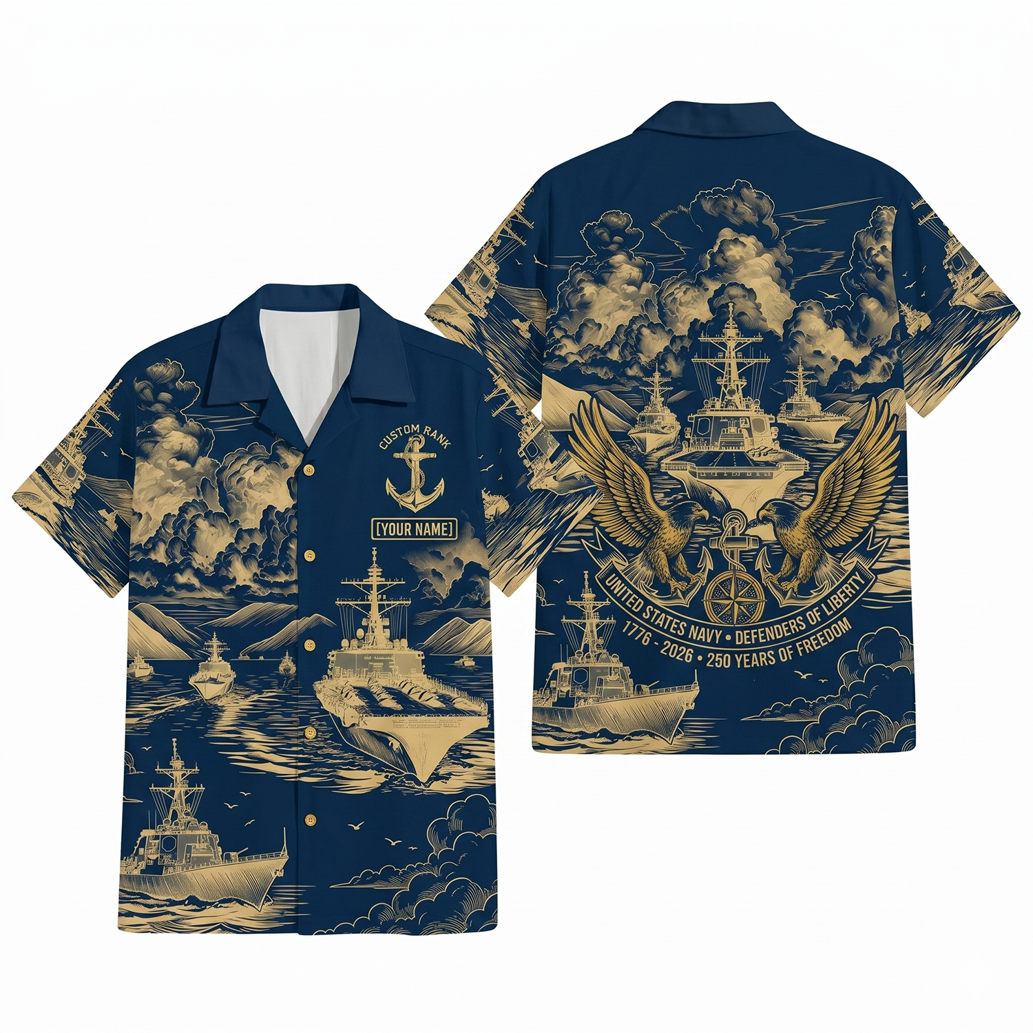 Mens Personalized Navy Patriotic Hawaiian Shirt Navy Cobalt Heritage Edition Flat Layout