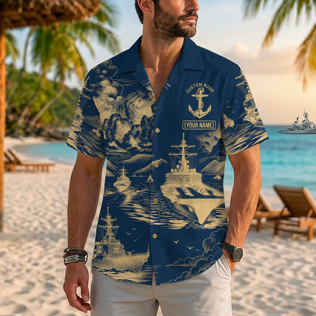 Mens Personalized Navy Patriotic Hawaiian Shirt Navy Cobalt Heritage Edition Flat Layout