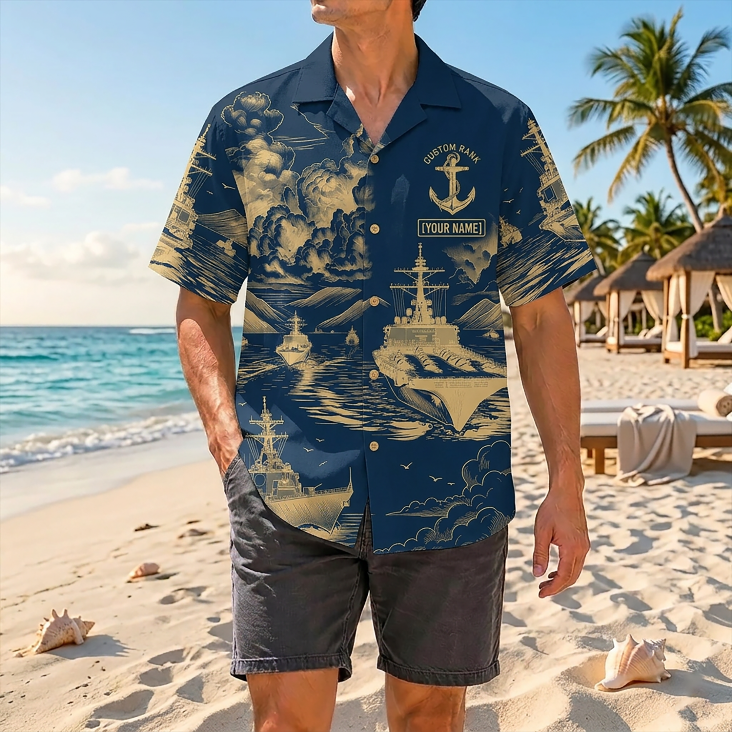 Proud Veteran Wearing Matching Personalized Navy Patriotic Hawaiian Shirt On A Tropical Beach