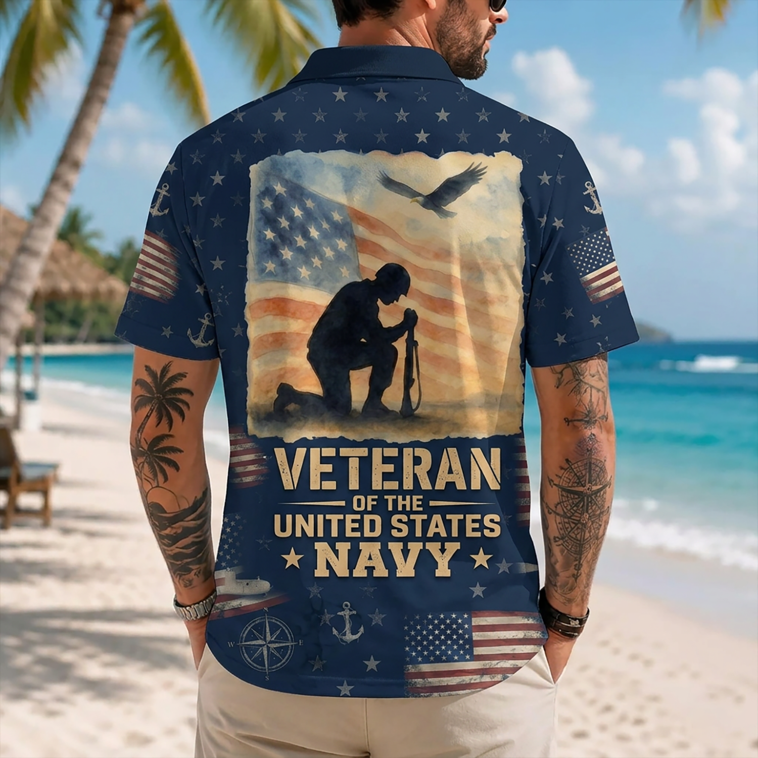 Mens Personalized Navy Veteran Hawaiian Shirt Back View Featuring Kneeling Soldier Painting And Flag