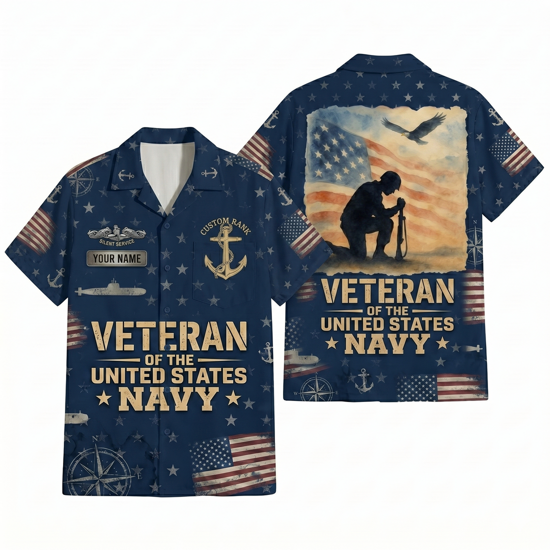 Mens Personalized Navy Patriotic Hawaiian Shirt Silent Service Edition Flat Layout