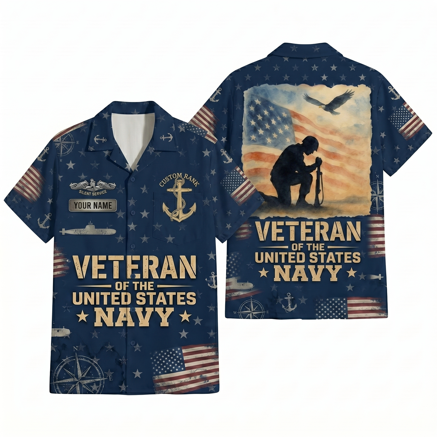 Mens Personalized Navy Patriotic Hawaiian Shirt Silent Service Edition Flat Layout