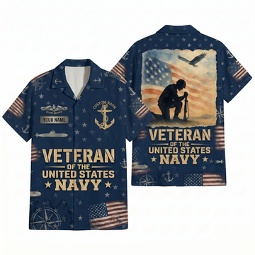 Mens Personalized Navy Patriotic Hawaiian Shirt Silent Service Edition Flat Layout