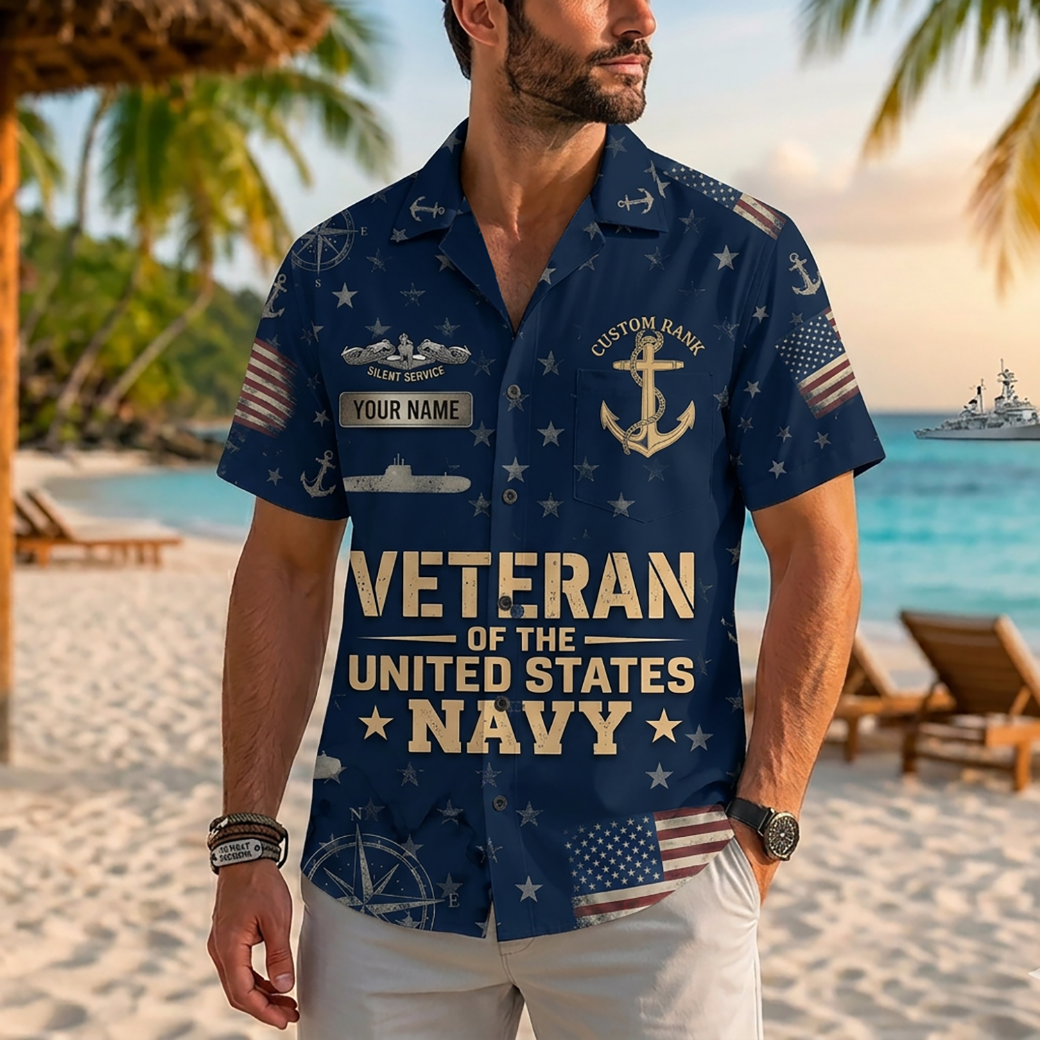Mens Personalized Navy Veteran Hawaiian Shirt Front View Showing Custom Name And Rank Slots On Model