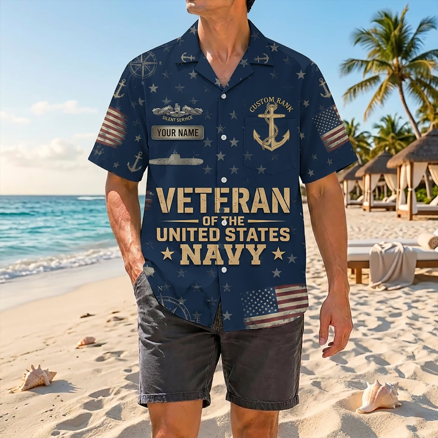 Proud Veteran Wearing Matching Personalized Navy Patriotic Hawaiian Shirt On A Tropical Beach