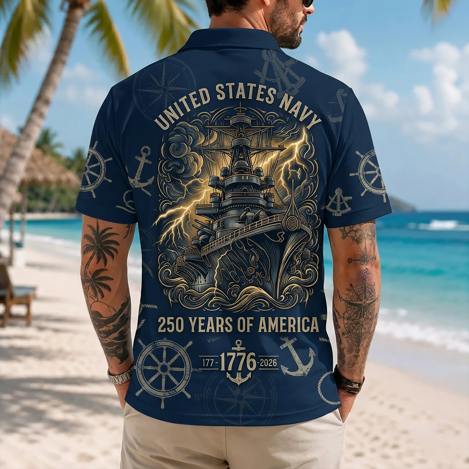 Mens Personalized Navy Veteran Hawaiian Shirt Back View Featuring Battleship Charging Through Storm Waves And Lightning