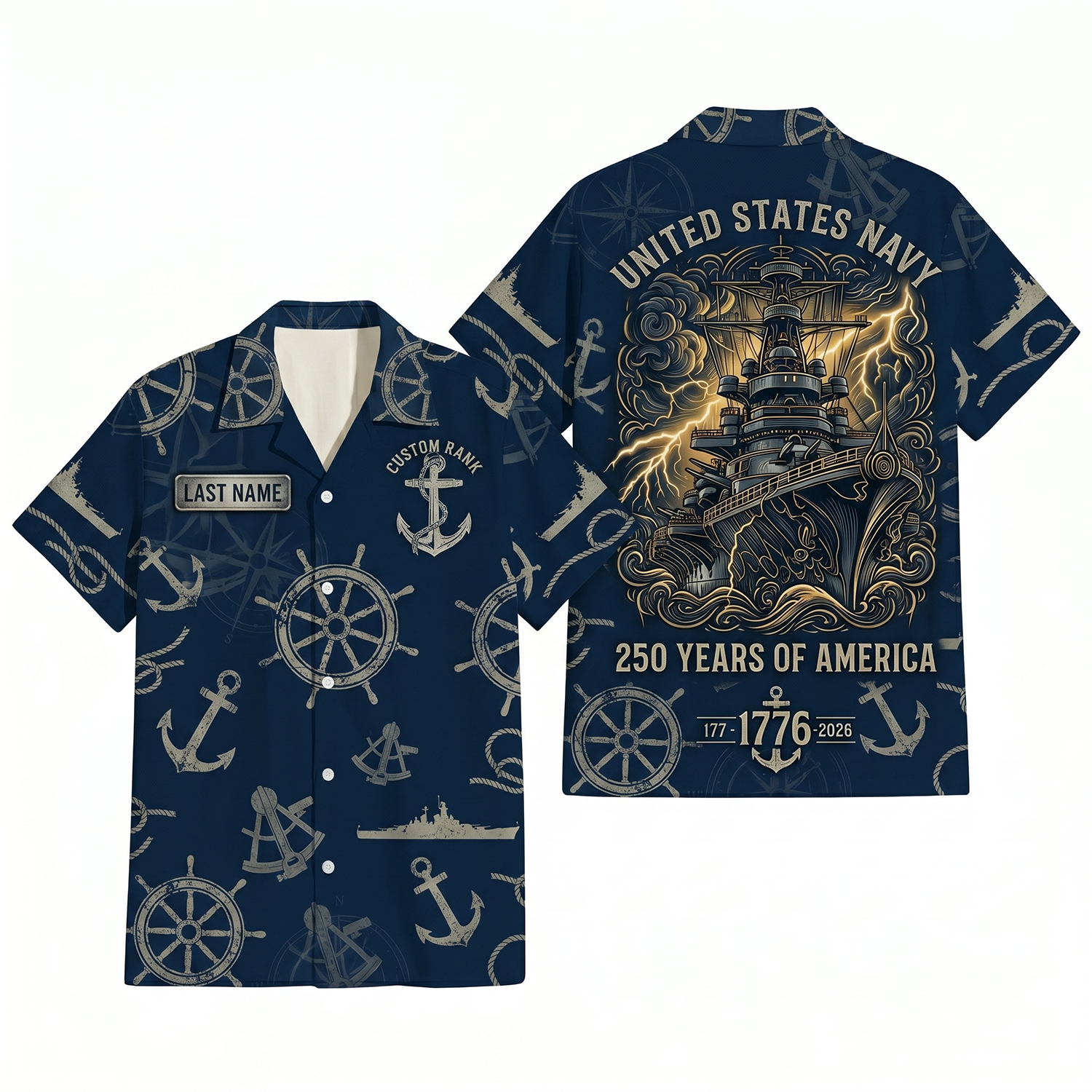 Mens Personalized Navy Patriotic Hawaiian Shirt Storm Born Edition Flat Layout