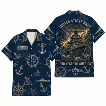 Mens Personalized Navy Patriotic Hawaiian Shirt Storm Born Edition Flat Layout