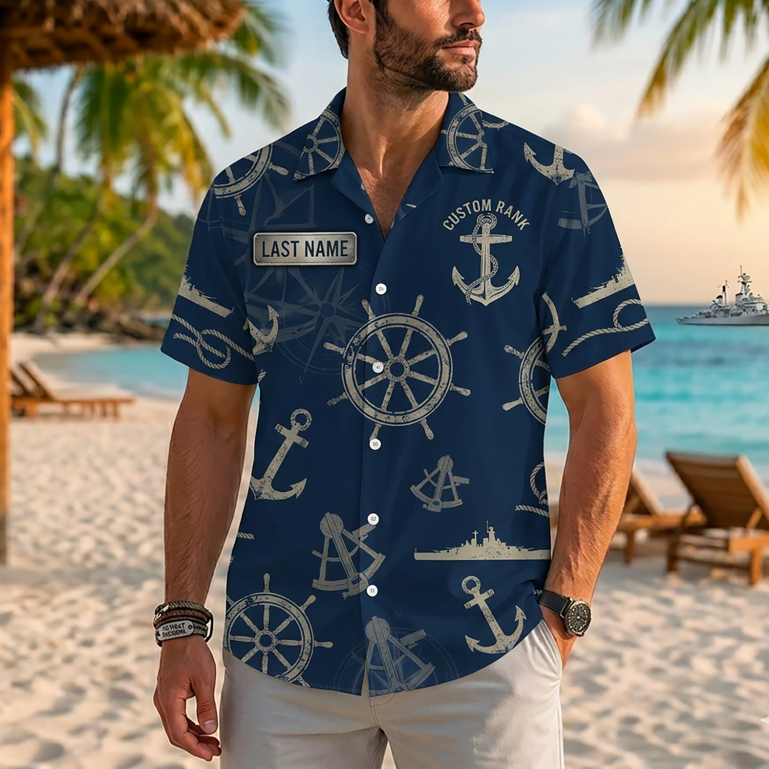 Mens Personalized Navy Veteran Hawaiian Shirt Front View Showing Custom Last Name And Rank Slots On Model