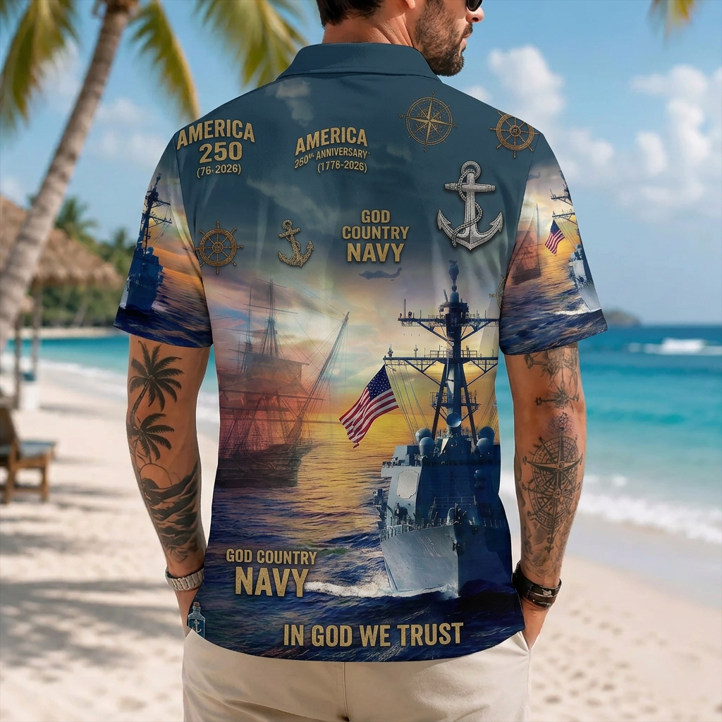 Mens Personalized Navy Veteran Hawaiian Shirt Back View Featuring Destroyer And Historic Sailing Ship At Sunset