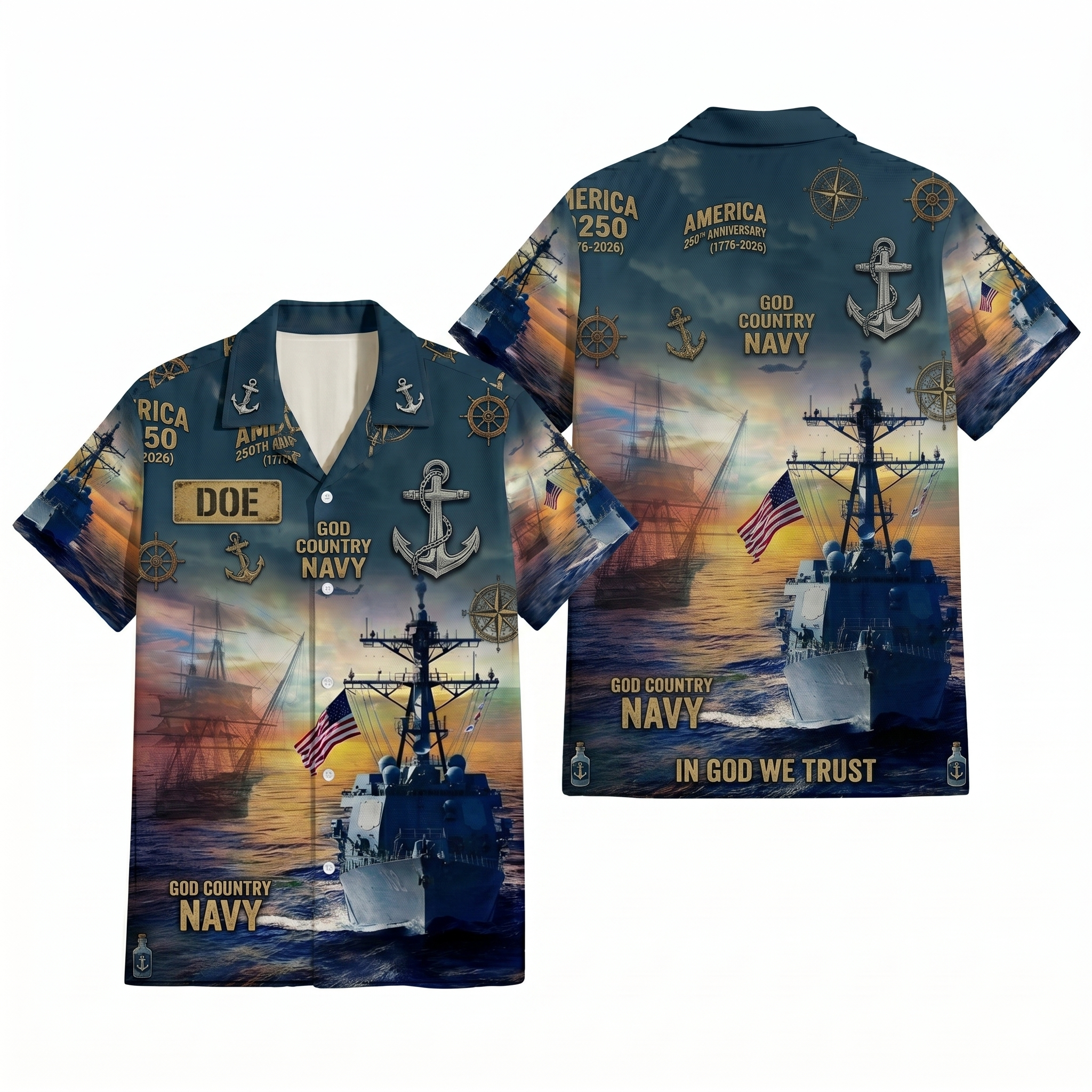 Mens Personalized Navy Patriotic Hawaiian Shirt Sunset Fleet Edition Flat Layout