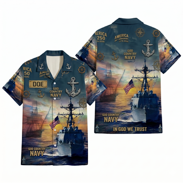 Mens Personalized Navy Patriotic Hawaiian Shirt Sunset Fleet Edition Flat Layout