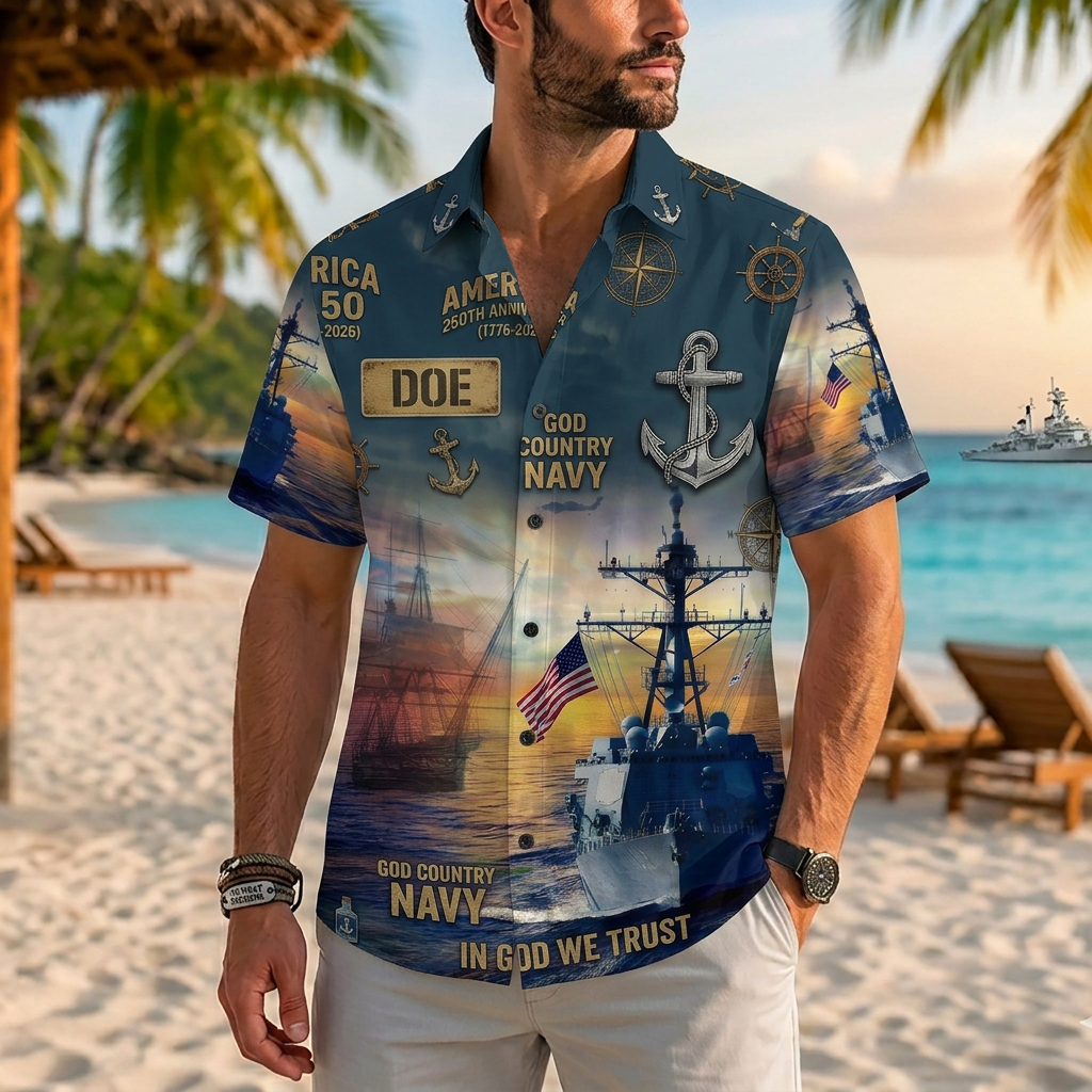 Mens Personalized Navy Veteran Hawaiian Shirt Front View Showing Custom Name Slot On Model