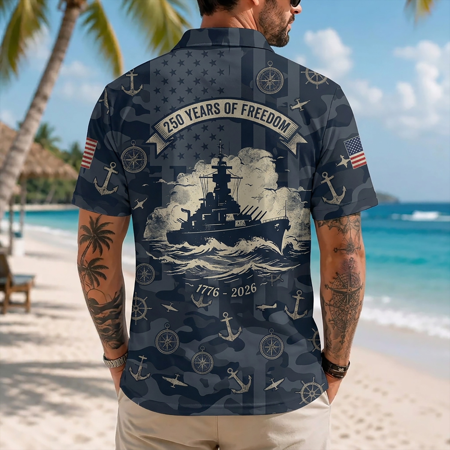 Mens Personalized Navy Veteran Hawaiian Shirt Back View Featuring Battleship On Camouflage Background