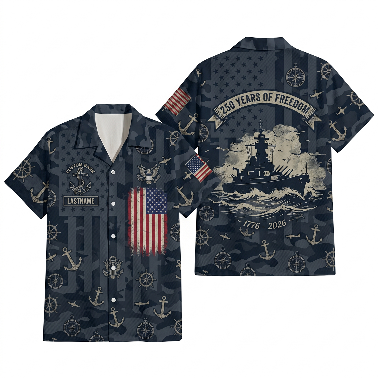 Mens Personalized Navy Patriotic Hawaiian Shirt Tactical Camo Edition Flat Layout