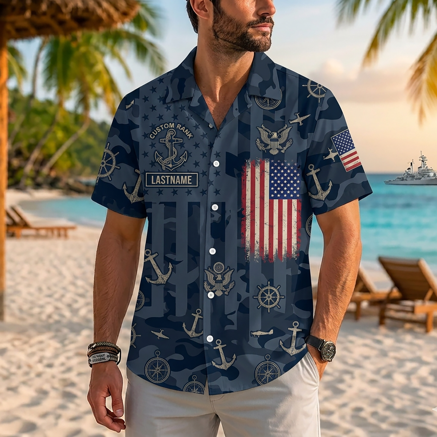 Mens Personalized Navy Veteran Hawaiian Shirt Front View Showing Custom Last Name And Rank Slots On Model