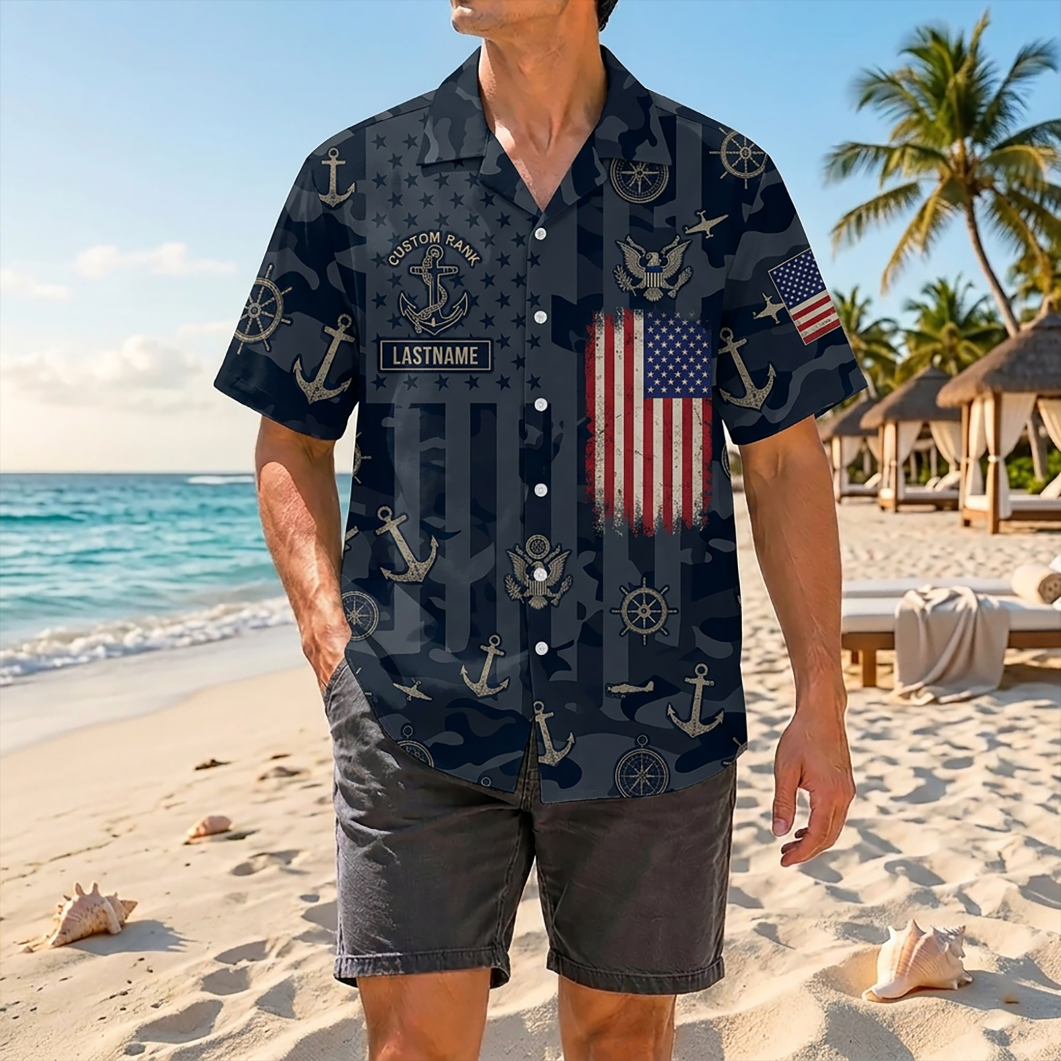 Proud Veteran Wearing Matching Personalized Navy Patriotic Hawaiian Shirt On A Tropical Beach
