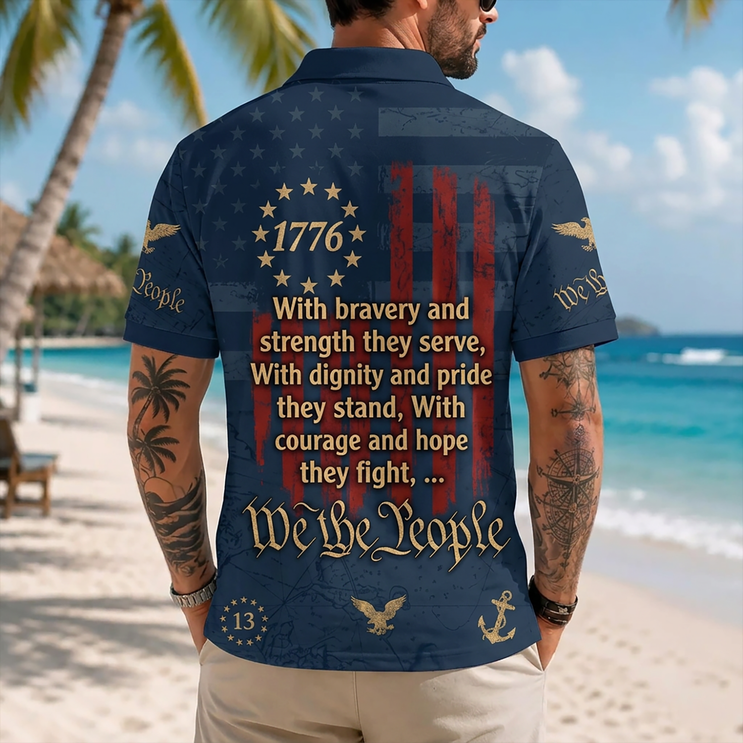 Mens Personalized Navy Veteran Hawaiian Shirt Back View Featuring Distressed Flag 1776 Circle And Oath Text