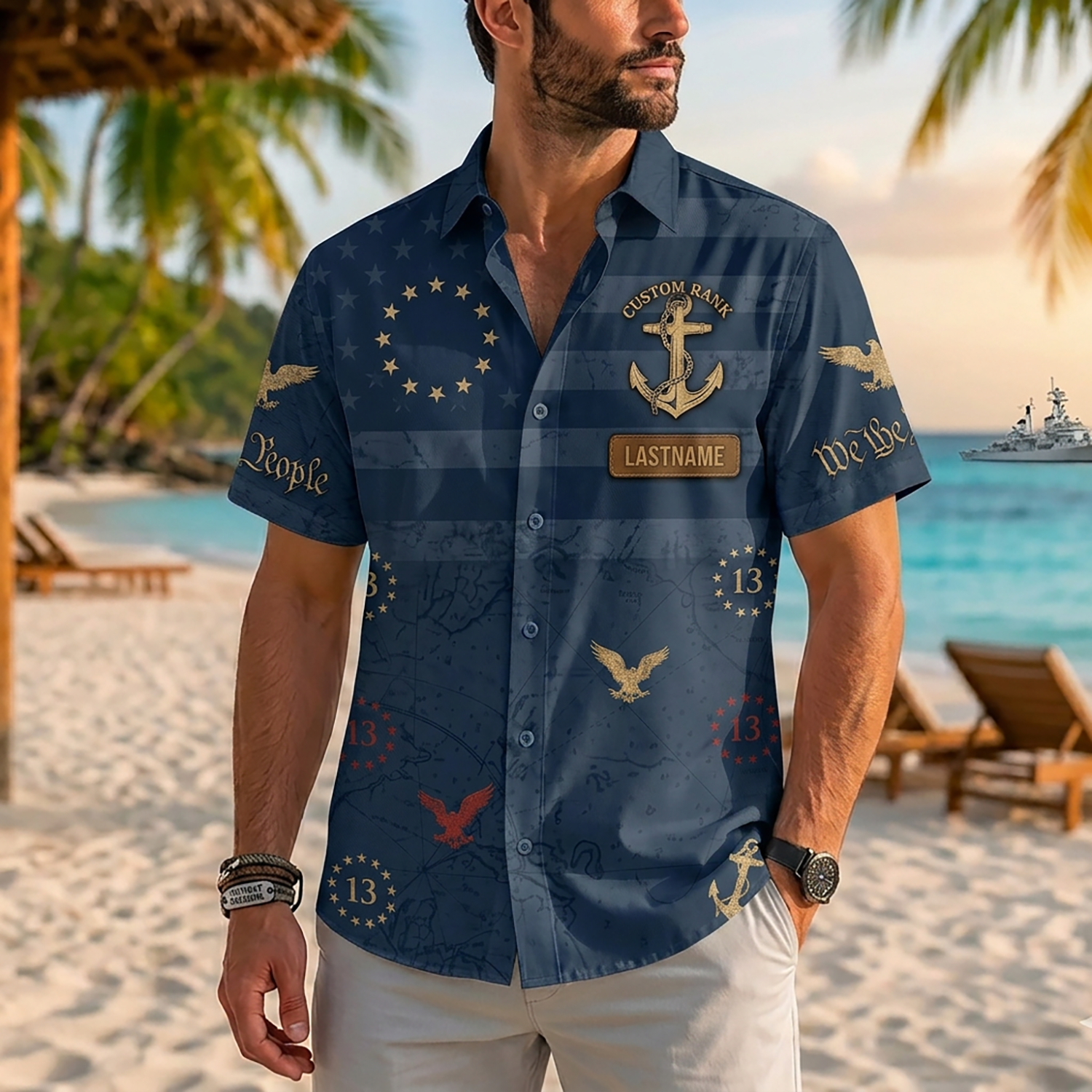 Mens Personalized Navy Veteran Hawaiian Shirt Front View Showing Custom Last Name And Rank Slots On Model