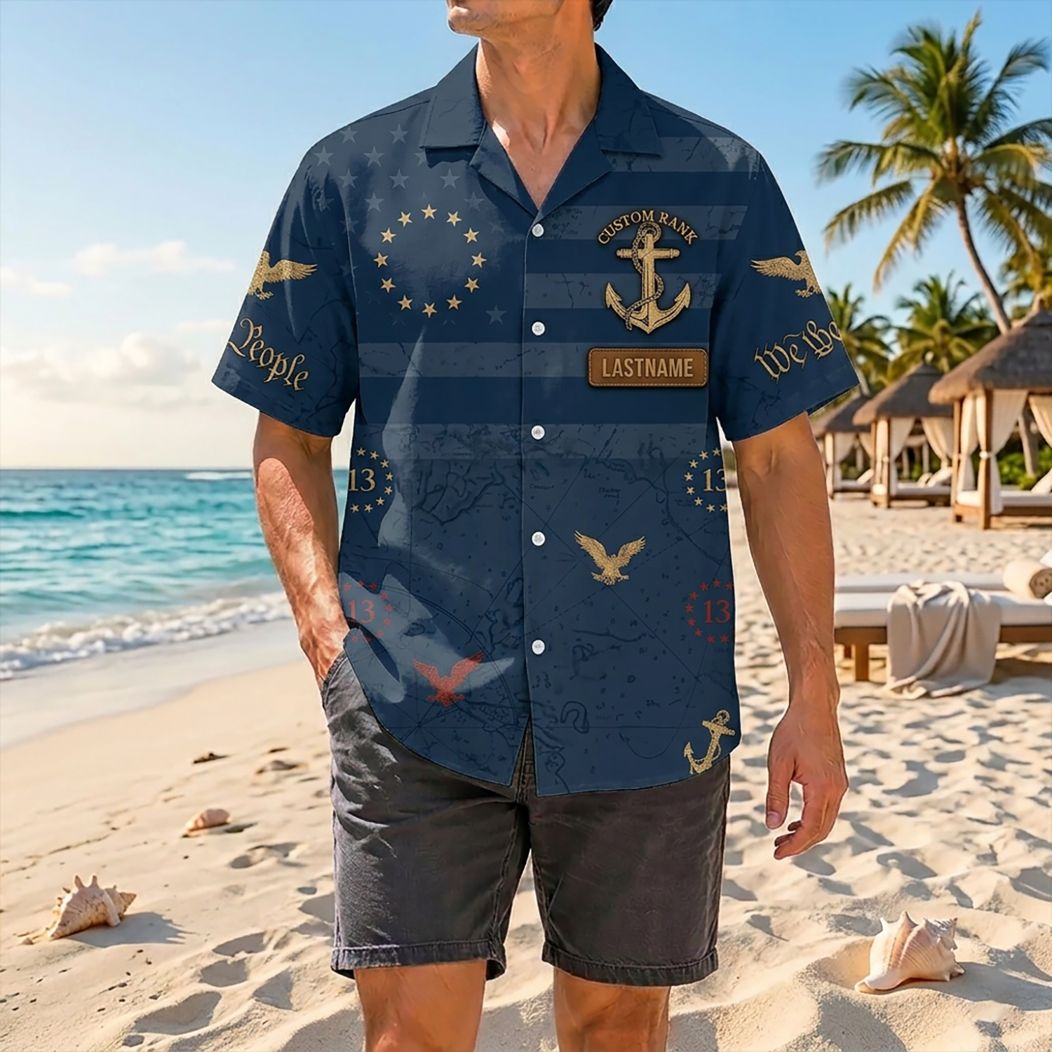 Proud Veteran Wearing Matching Personalized Navy Patriotic Hawaiian Shirt On A Tropical Beach