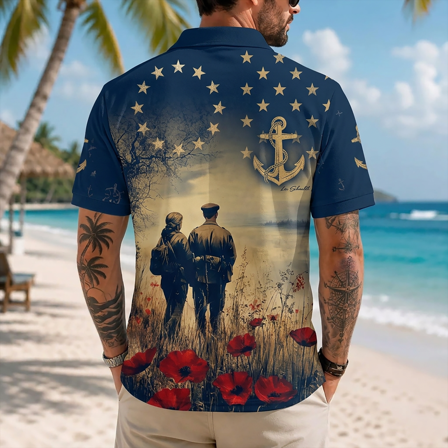 Mens US Navy Hawaiian Shirt Back View Featuring Historic Soldier Couple and Field of Red Poppies