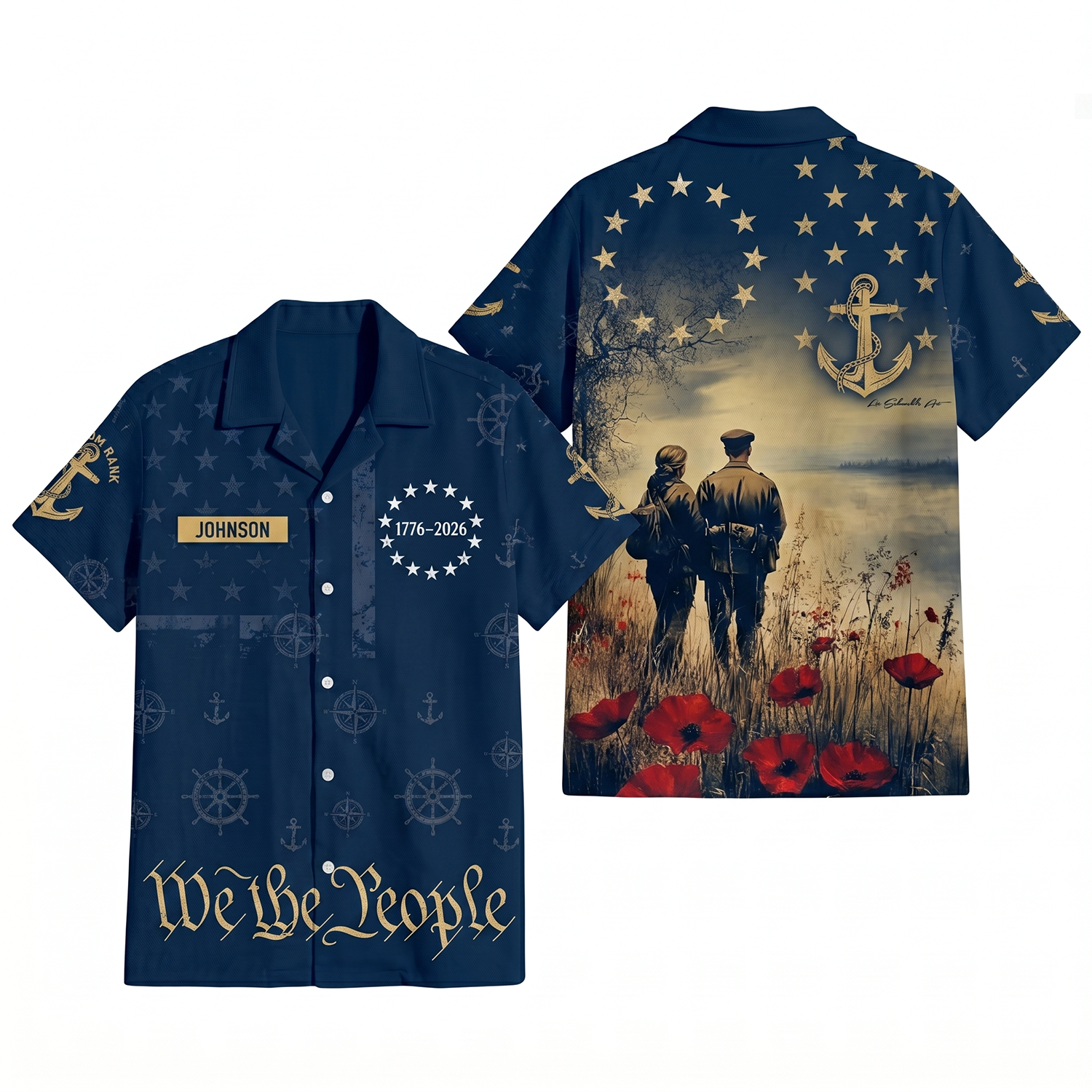 Mens Personalized Navy Patriotic Hawaiian Shirt We The People Remembrance Edition Flat Layout