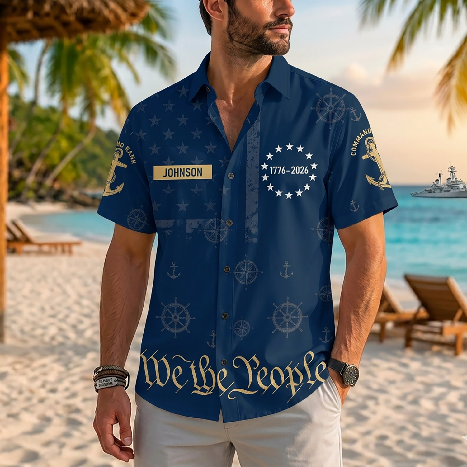 Mens US Navy Hawaiian Shirt Front View Showing Custom Name Plate and White 1776 Star Circle on Model