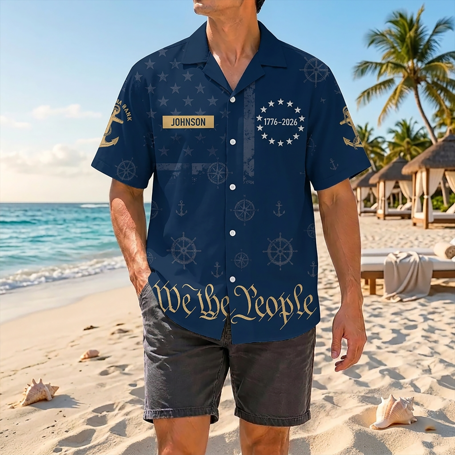 Proud Veteran Wearing Matching Personalized Navy We The People Remembrance Hawaiian Shirt On A Tropical Beach