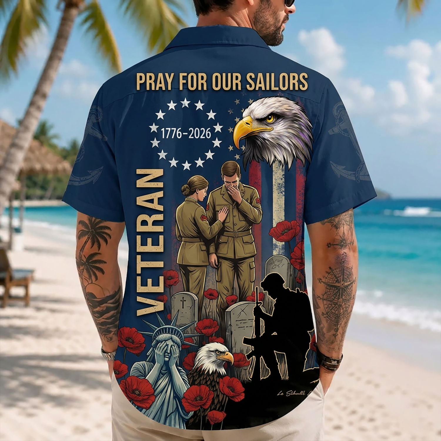 Mens US Navy Hawaiian Shirt Back View Featuring Pray For Our Sailors Typography, Grieving Military Couple, and Bald Eagle