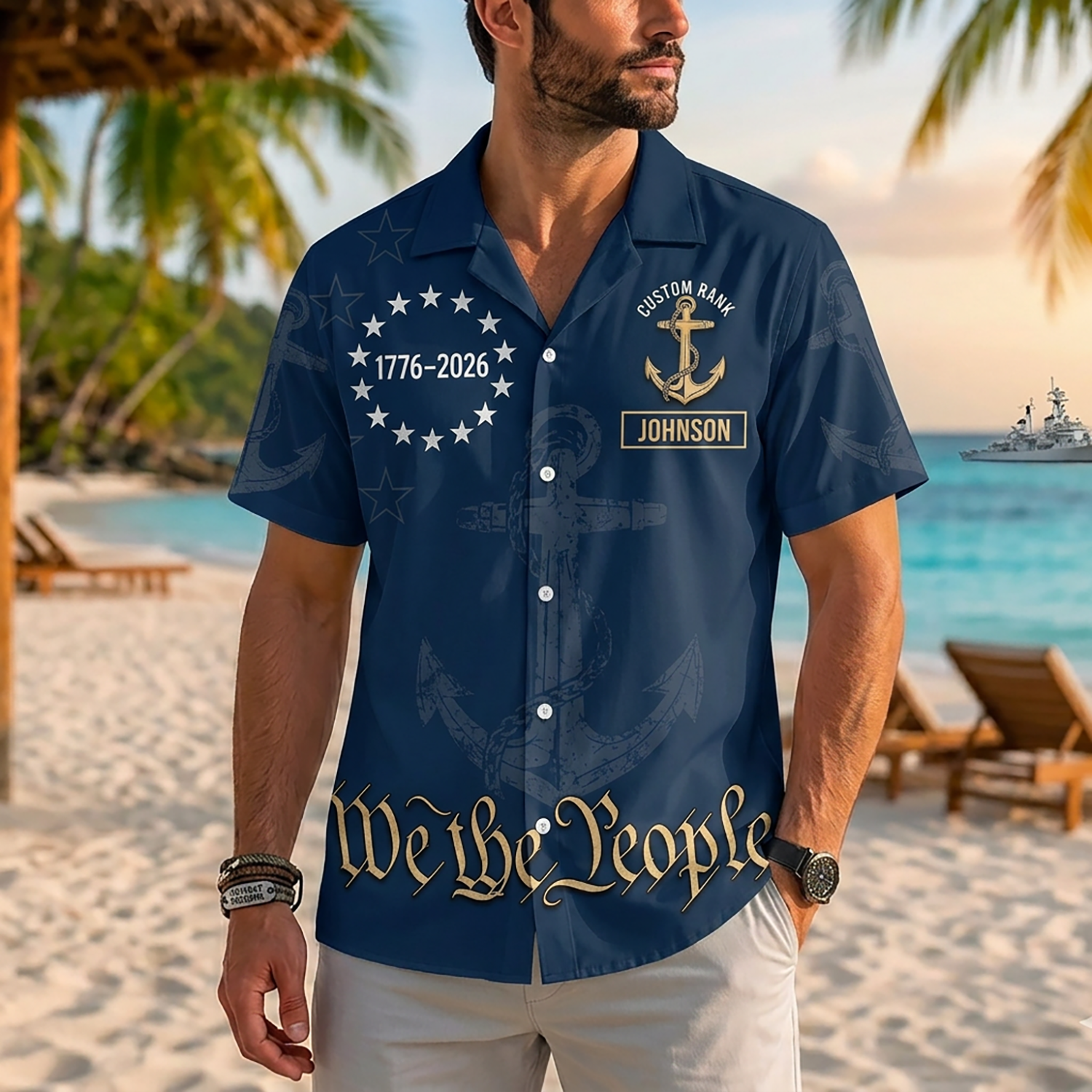 Proud Veteran Wearing Matching Personalized Navy Pray For Our Sailors Hawaiian Shirt On A Tropical Beach