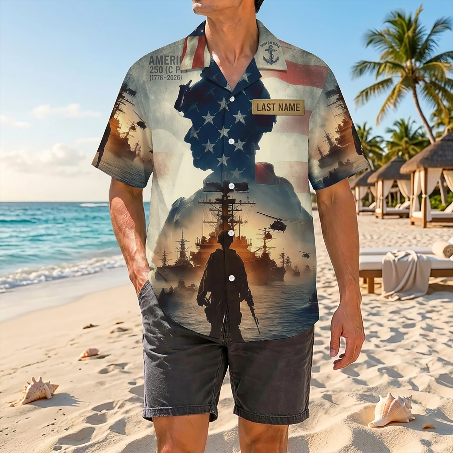 Mens US Navy Hawaiian Shirt Back View Featuring Quarter-Millennium Typography, Armed Soldier, Fleet, and Waving Flag