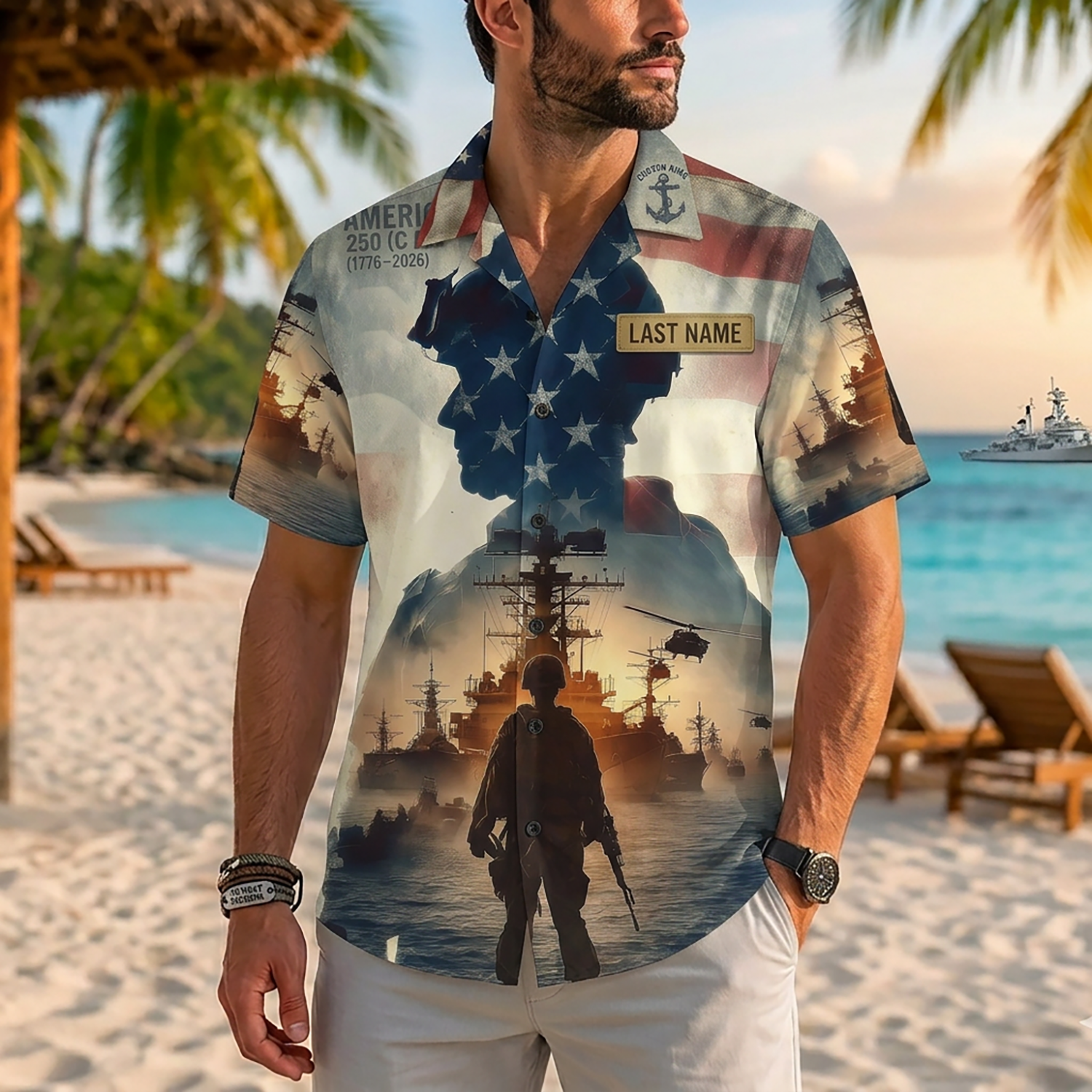 Mens Personalized Navy Quarter-Millennium of Honor Double Exposure Hawaiian Shirt Flat Layout