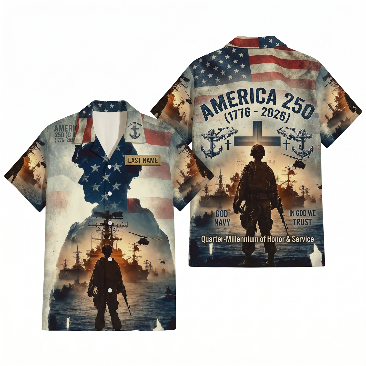 Mens US Navy Hawaiian Shirt Front View Showing Custom Last Name Slot and Double Exposure Silhouette on Model