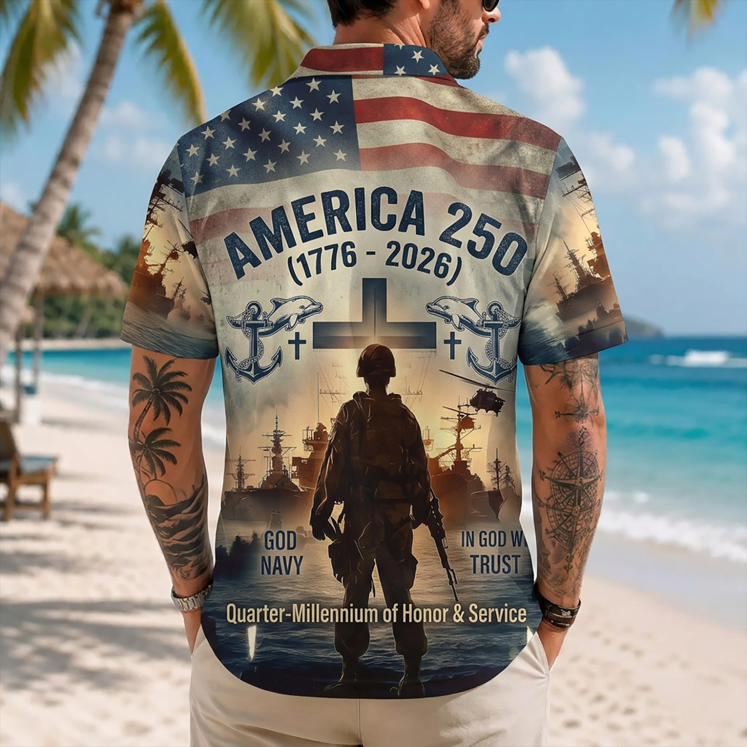Proud Veteran Wearing Matching Personalized Navy Quarter-Millennium Hawaiian Shirt On A Tropical Beach