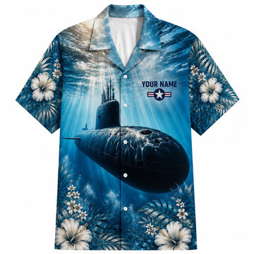 Front flat-lay view of the Personalized Navy Submarine Hawaiian Shirt with deep ocean blue water and sun rays