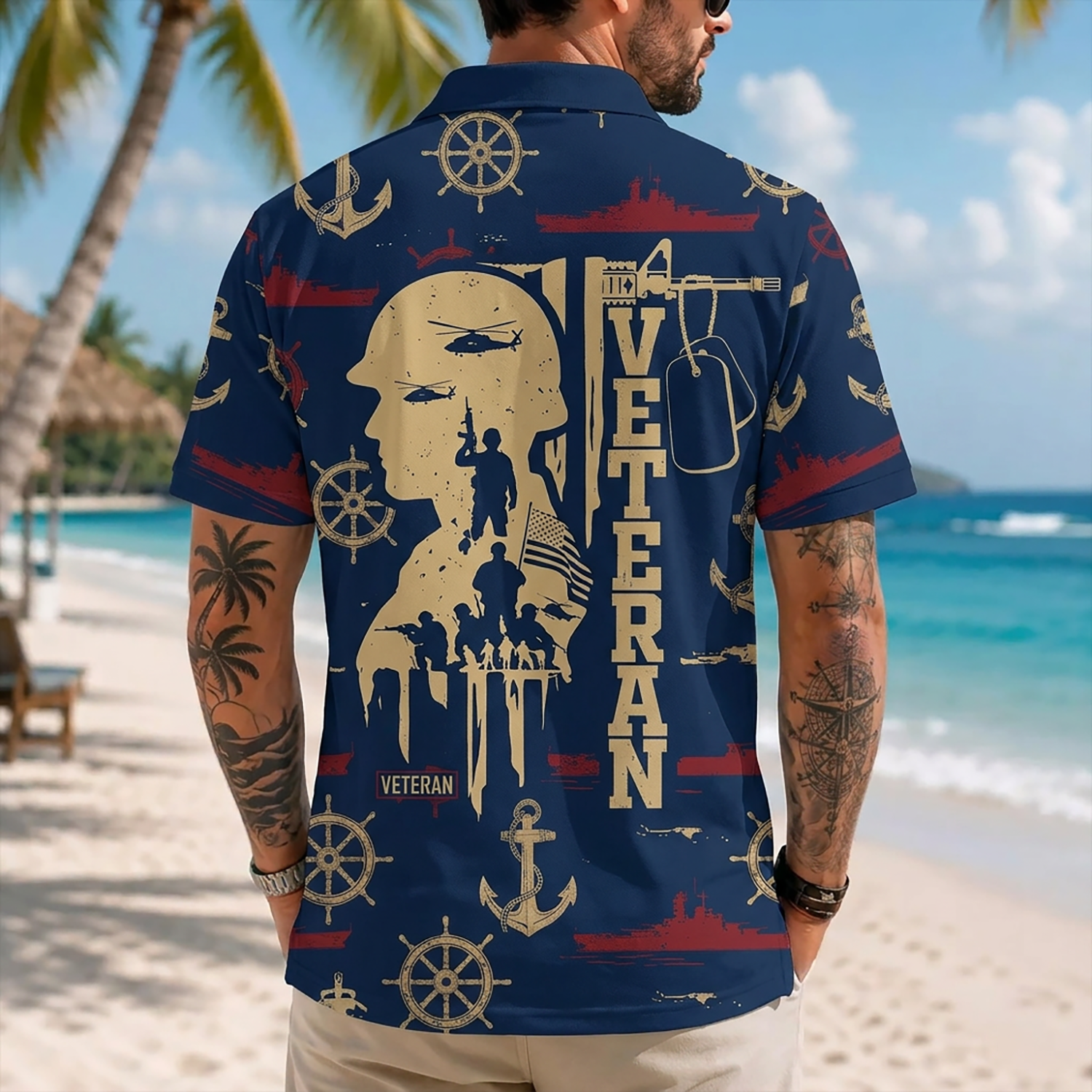 Mens US Navy Hawaiian Shirt Back View Featuring Large Combat Soldier Profile Silhouette And Veteran Text