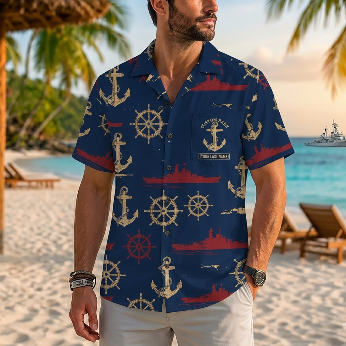 Mens Personalized Navy Veteran Hawaiian Shirt Naval Battle Fleet Edition Flat Layout