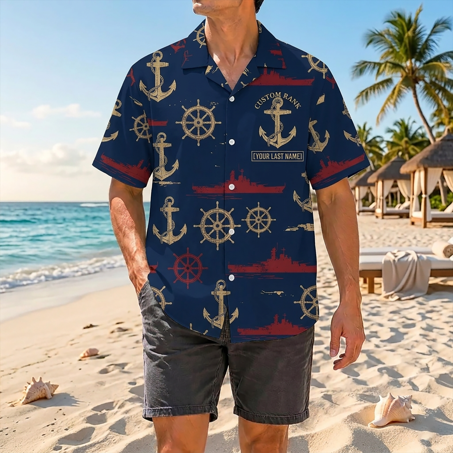 Proud Veteran Wearing Matching Personalized Navy Veteran Hawaiian Shirt On A Tropical Beach