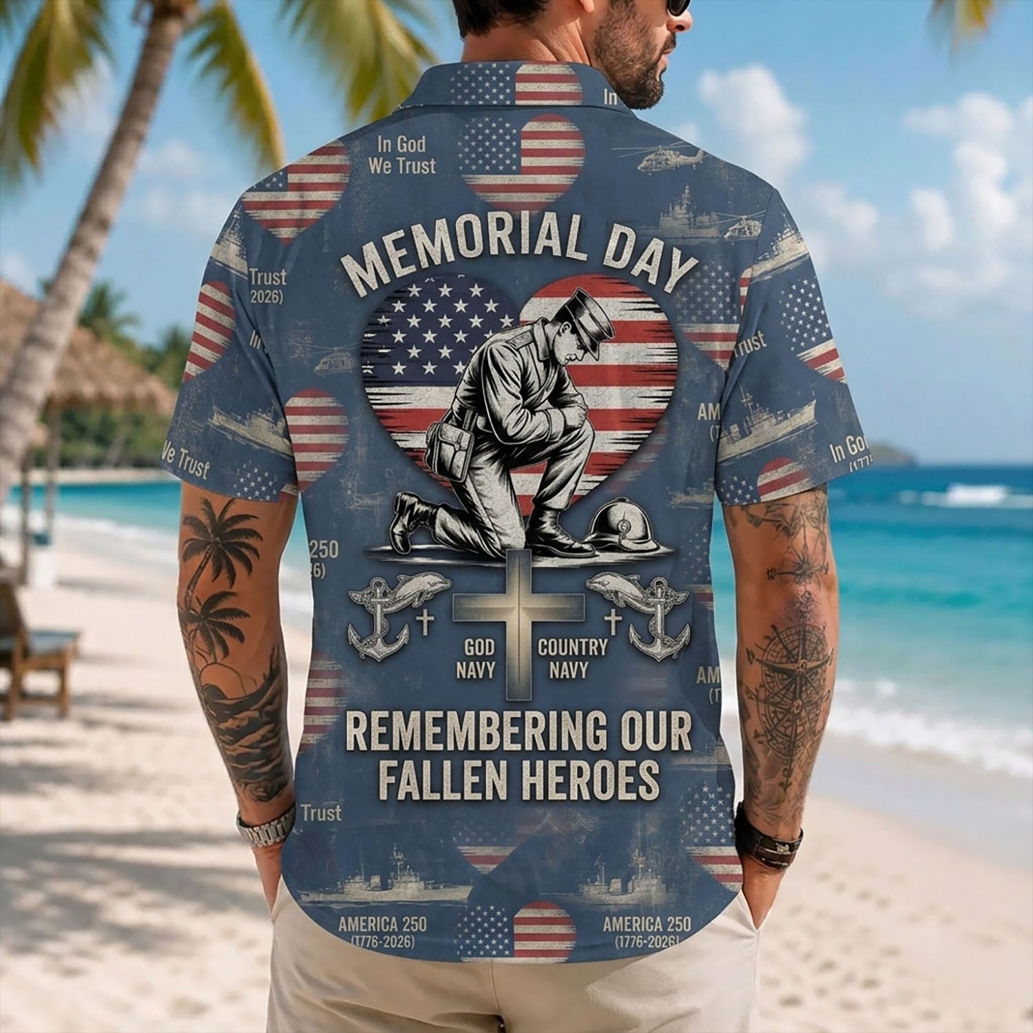 Mens US Navy Hawaiian Shirt Back View Featuring Kneeling Soldier Silhouette, American Flag Heart, and Fallen Heroes Tribute