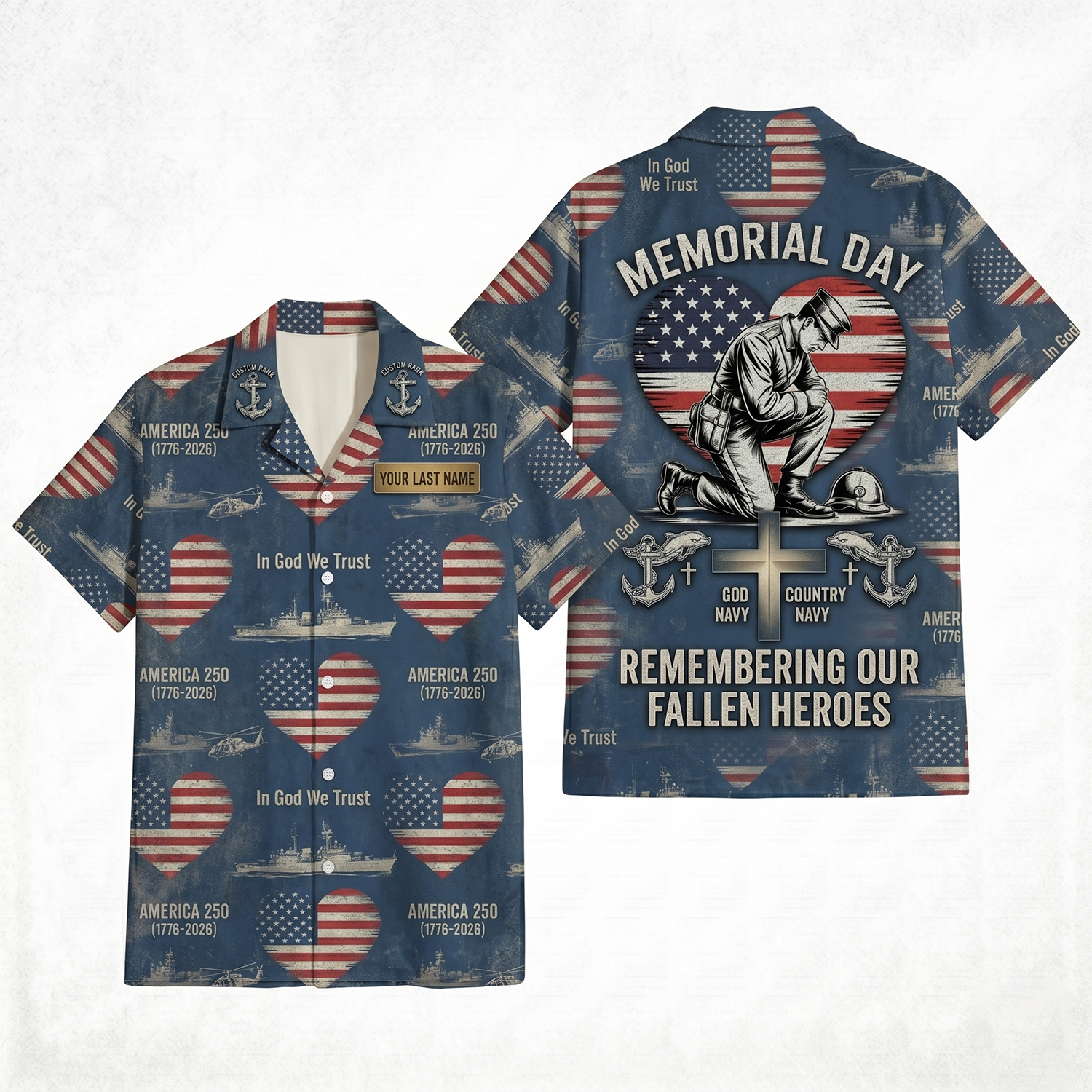 Mens Personalized Navy Veteran Memorial Day Remembering Our Fallen Heroes Hawaiian Shirt Flat Layout