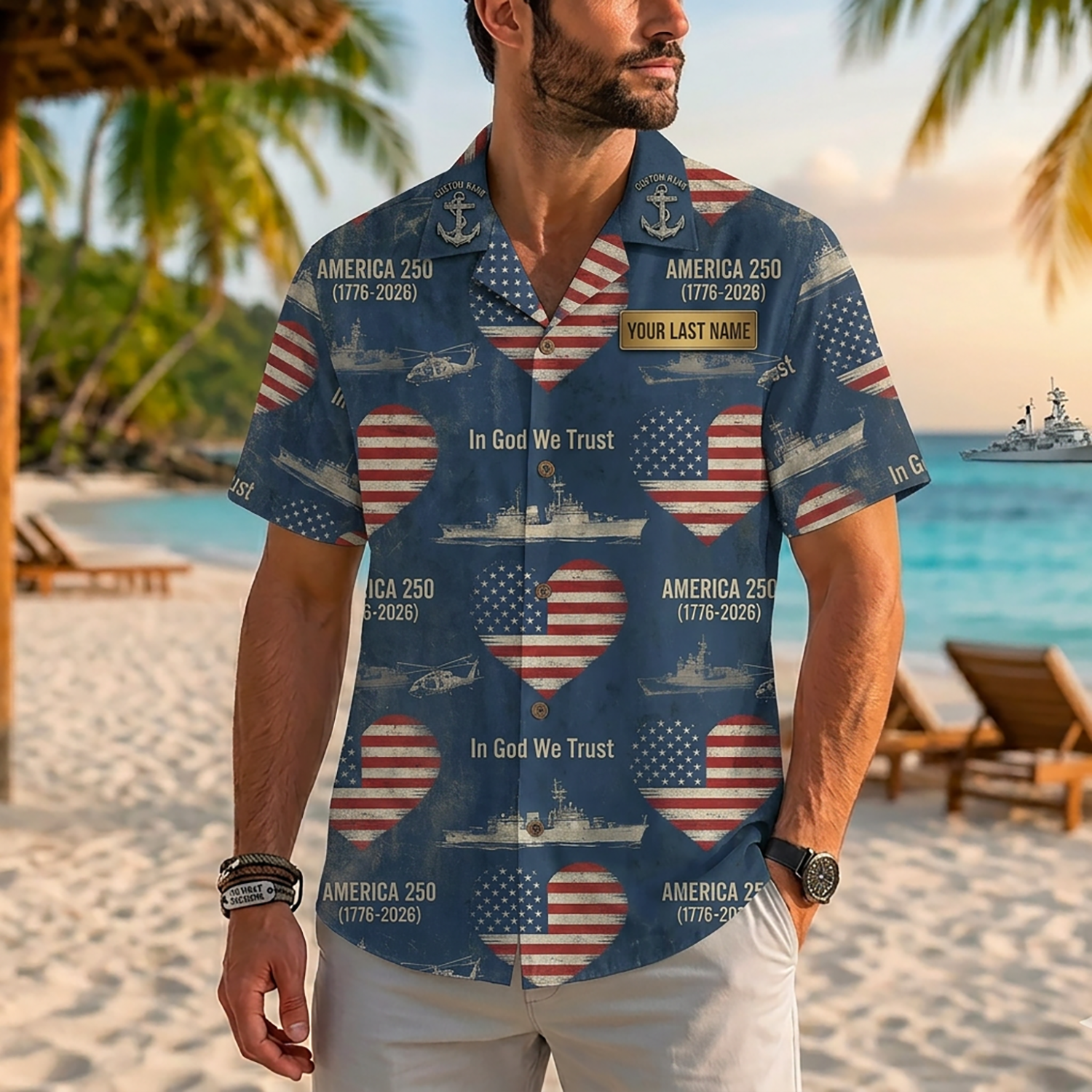 Mens US Navy Hawaiian Shirt Front View Showing Custom Last Name Plate and Heart Flag Pattern on Model