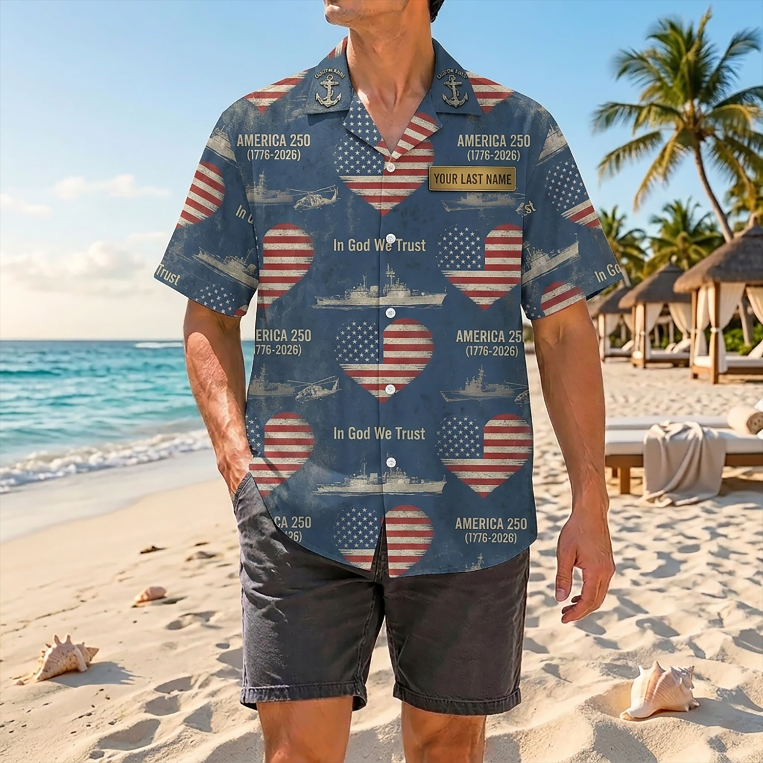 Proud Veteran Wearing Matching Personalized Navy Memorial Day Fallen Heroes Hawaiian Shirt On A Tropical Beach