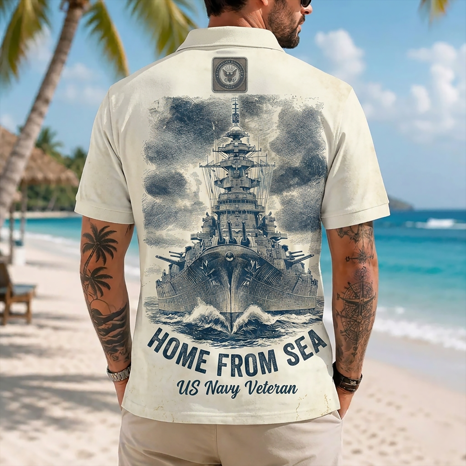 Mens US Navy Hawaiian Shirt Back View Featuring Sketch Art Battleship and Home From Sea Typography