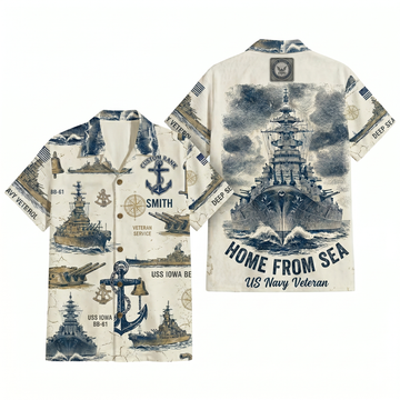 Mens Personalized Navy Veteran USS Iowa BB-61 Home From Sea Hawaiian Shirt Flat Layout